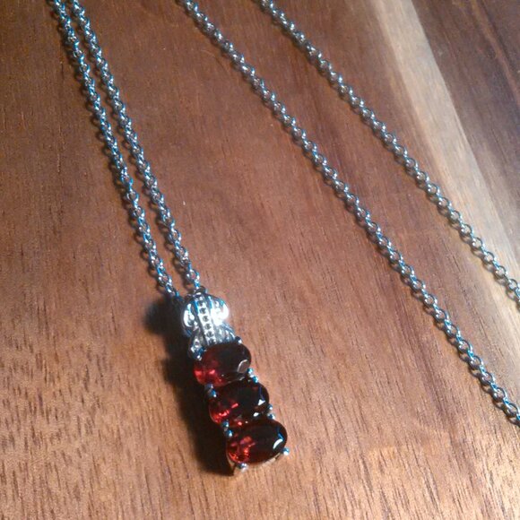 Mozambique Garnet Three Stone Stainless Steel Pendant Necklace - Picture 6 of 12